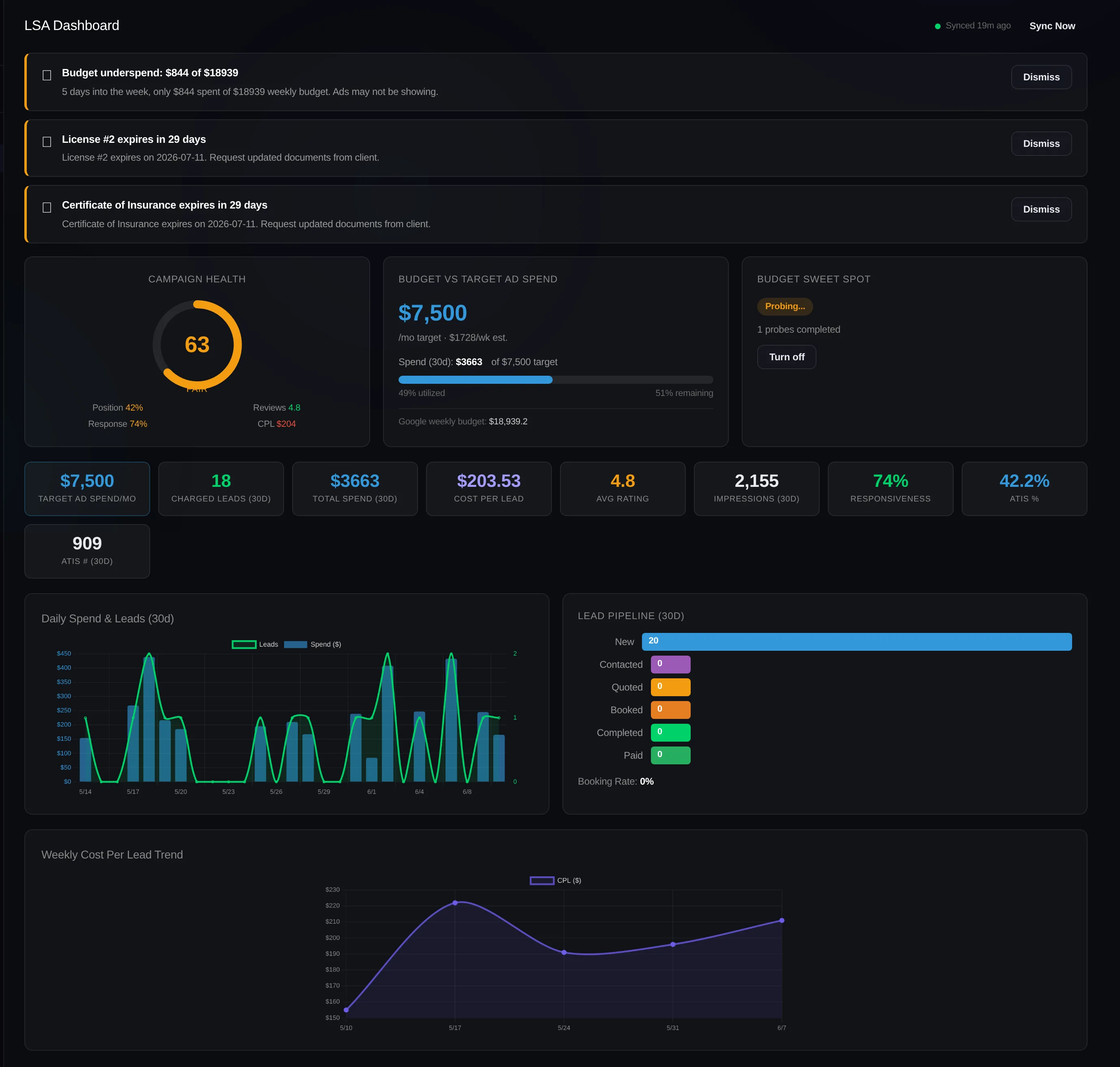 CallRadius LSA dashboard showing campaign health, budget, and lead pipeline