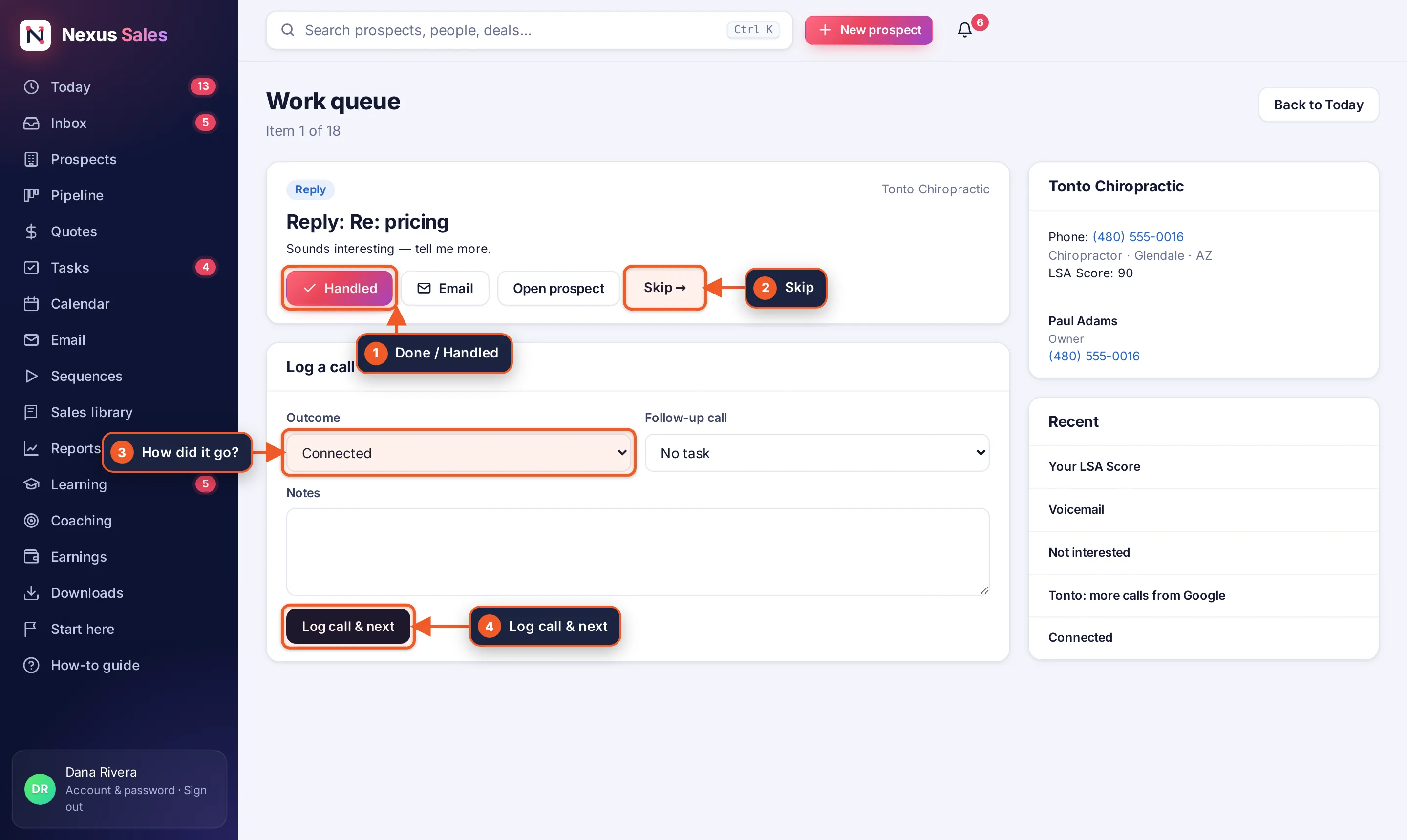 Nexus Sales demo account showing the representative work queue and follow-up controls