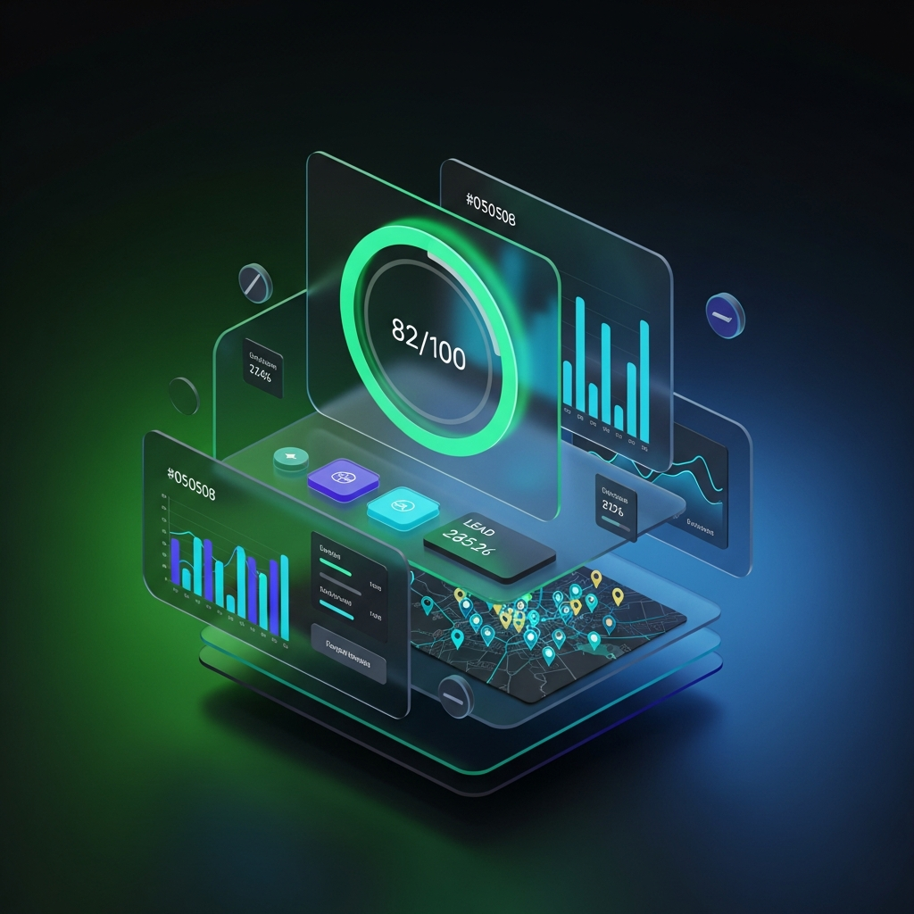 CallRadius AI Dashboard with glowing score gauge and floating panels